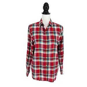Lauren Ralph Lauren Button Down Women Petite Medium Red Plaid Linen Roll Tab